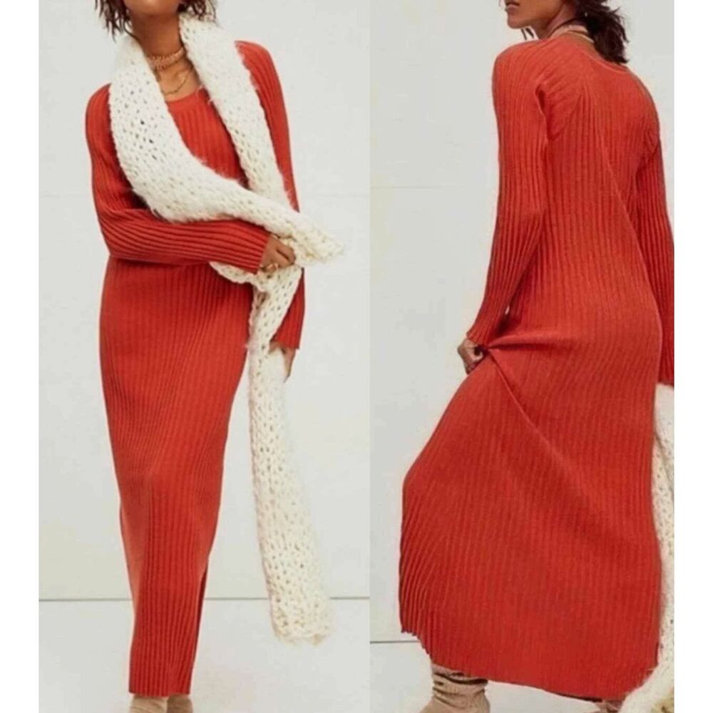 Free People Walk About Ribbed Knit Maxi Dress Orange Rust Boho Size Large